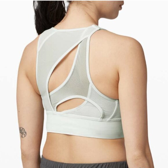 Lululemon Set Challenger Bra Island Mist Mesh Cutout Asymmetrical High Neck Sz 6 - Picture 1 of 11
